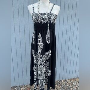 Black and White Smocked Midi Dress